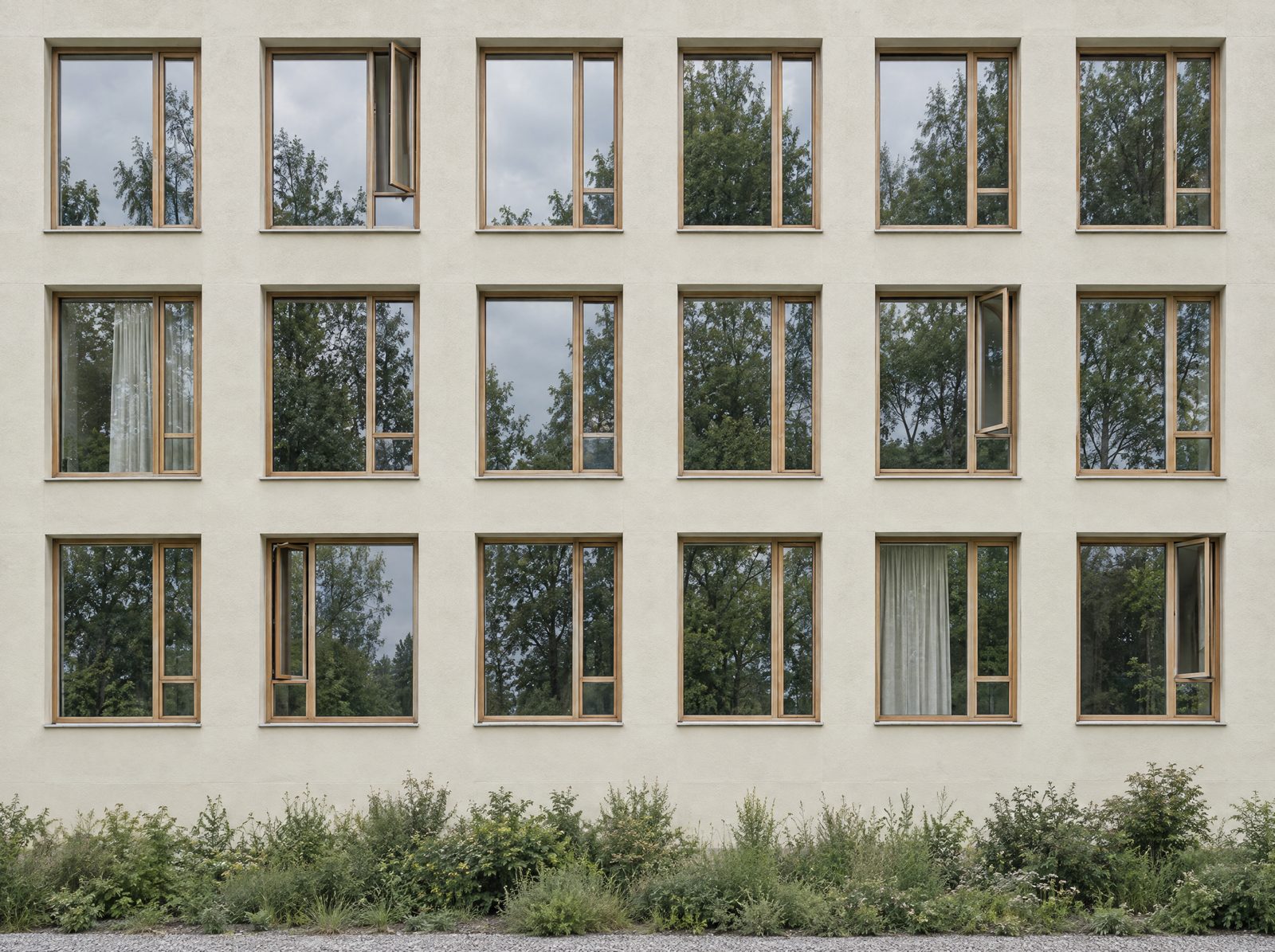 Fassade mit gleichmäßigem Raster holzgerahmter Fenster, teils geöffnet, über niedrigem Grün