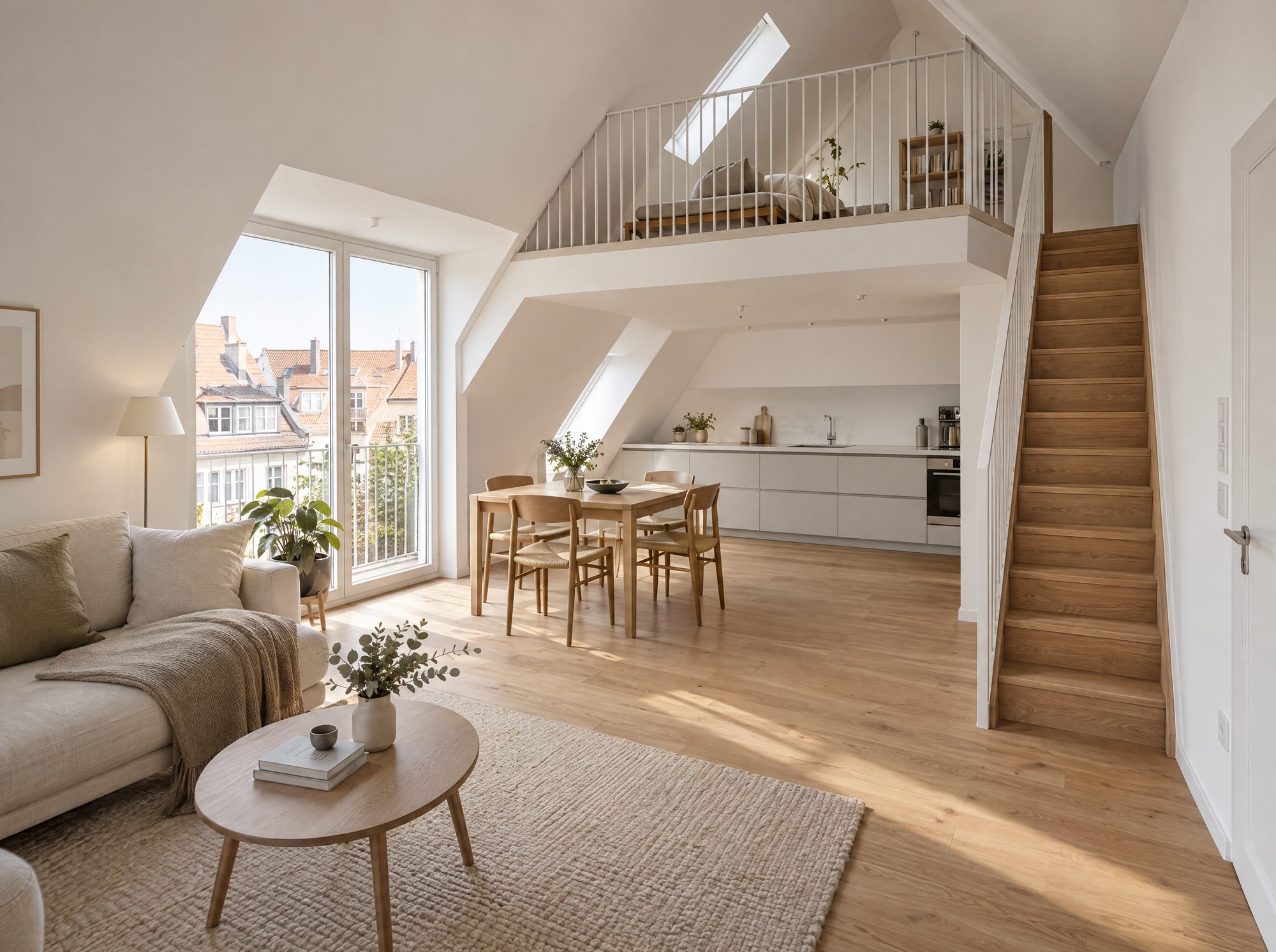 Wohnbereich einer Dachgeschoss-Maisonette mit Galerie, Visualisierung